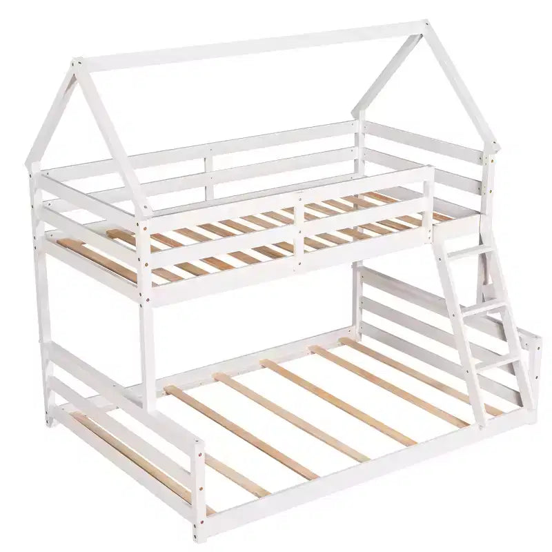 Lit superposé double sur plein en bois, Cadre de lit maison en bois massif avec échelle intégrée, Convertible en 2 lits, Lit superposé bas pour enfants et adolescents