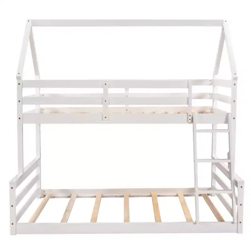 Lit superposé double sur plein en bois, Cadre de lit maison en bois massif avec échelle intégrée, Convertible en 2 lits, Lit superposé bas pour enfants et adolescents