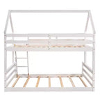 Lit superposé double sur plein en bois, Cadre de lit maison en bois massif avec échelle intégrée, Convertible en 2 lits, Lit superposé bas pour enfants et adolescents