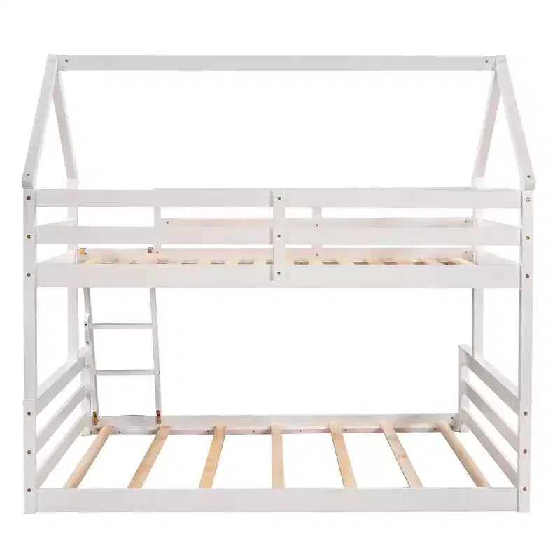 Lit superposé double sur plein en bois, Cadre de lit maison en bois massif avec échelle intégrée, Convertible en 2 lits, Lit superposé bas pour enfants et adolescents