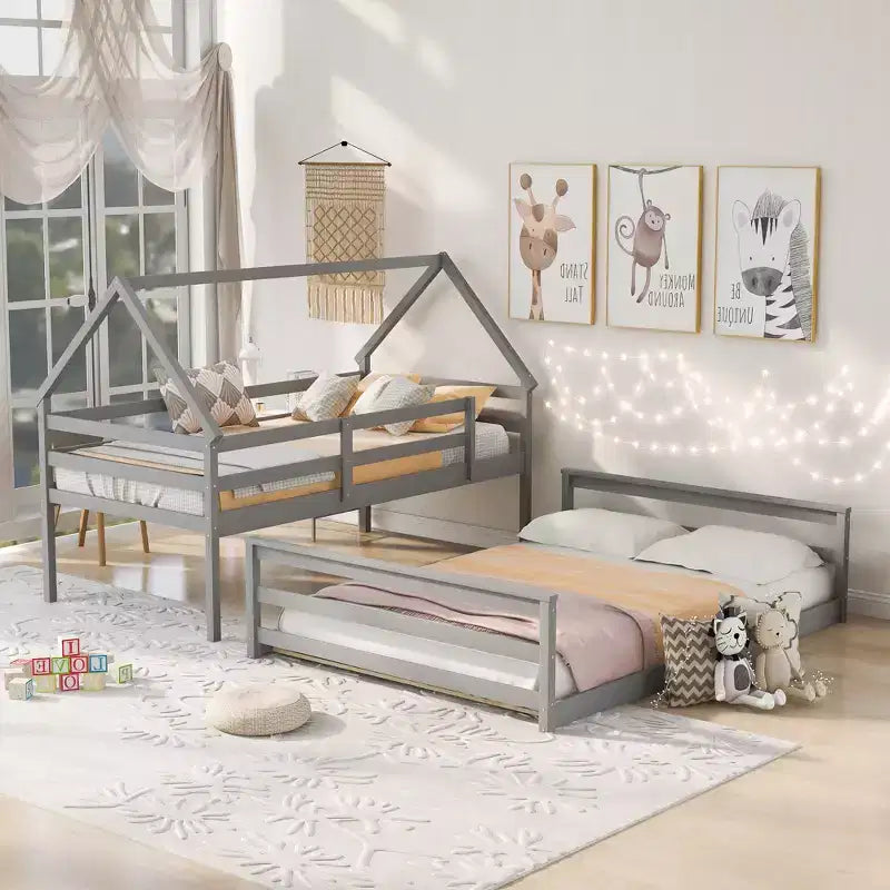 Lit superposé double sur plein en bois, Cadre de lit maison en bois massif avec échelle intégrée, Convertible en 2 lits, Lit superposé bas pour enfants et adolescents