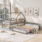 Lit superposé double sur plein en bois, Cadre de lit maison en bois massif avec échelle intégrée, Convertible en 2 lits, Lit superposé bas pour enfants et adolescents