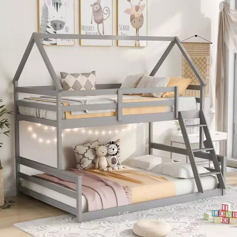 Lit superposé double sur plein en bois, Cadre de lit maison en bois massif avec échelle intégrée, Convertible en 2 lits, Lit superposé bas pour enfants et adolescents