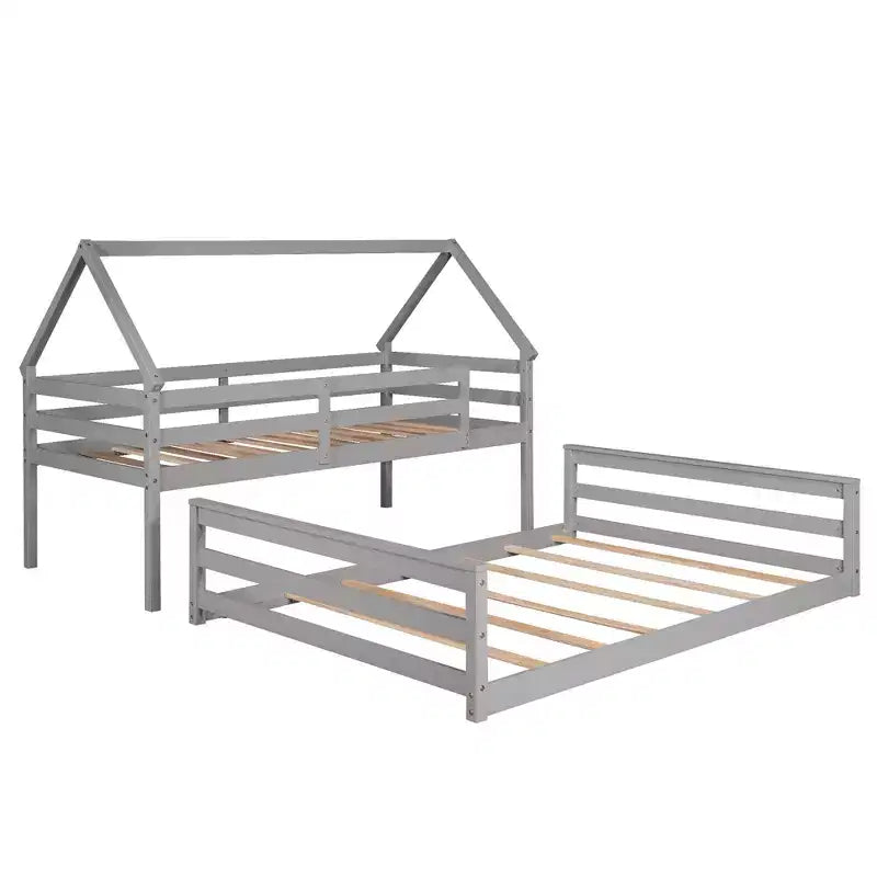 Lit superposé double sur plein en bois, Cadre de lit maison en bois massif avec échelle intégrée, Convertible en 2 lits, Lit superposé bas pour enfants et adolescents