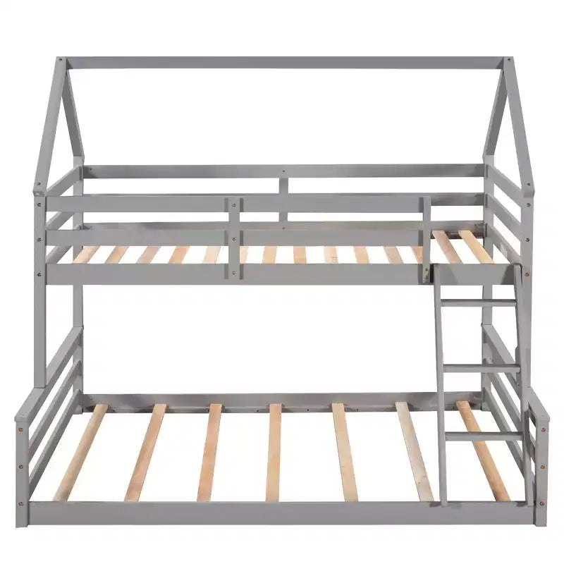 Lit superposé double sur plein en bois, Cadre de lit maison en bois massif avec échelle intégrée, Convertible en 2 lits, Lit superposé bas pour enfants et adolescents