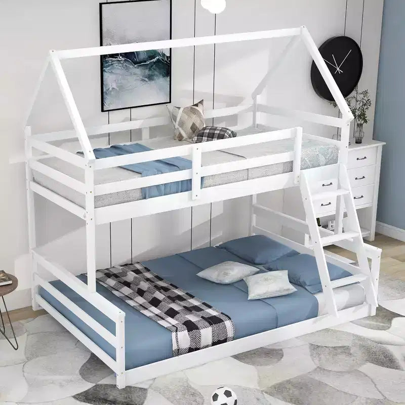 Lit superposé double sur plein en bois, Cadre de lit maison en bois massif avec échelle intégrée, Convertible en 2 lits, Lit superposé bas pour enfants et adolescents
