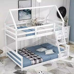 Lit superposé double sur plein en bois, Cadre de lit maison en bois massif avec échelle intégrée, Convertible en 2 lits, Lit superposé bas pour enfants et adolescents