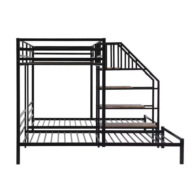Lits superposés triples en forme de L pour 3 enfants, lits superposés en métal avec escalier de rangement et étagères