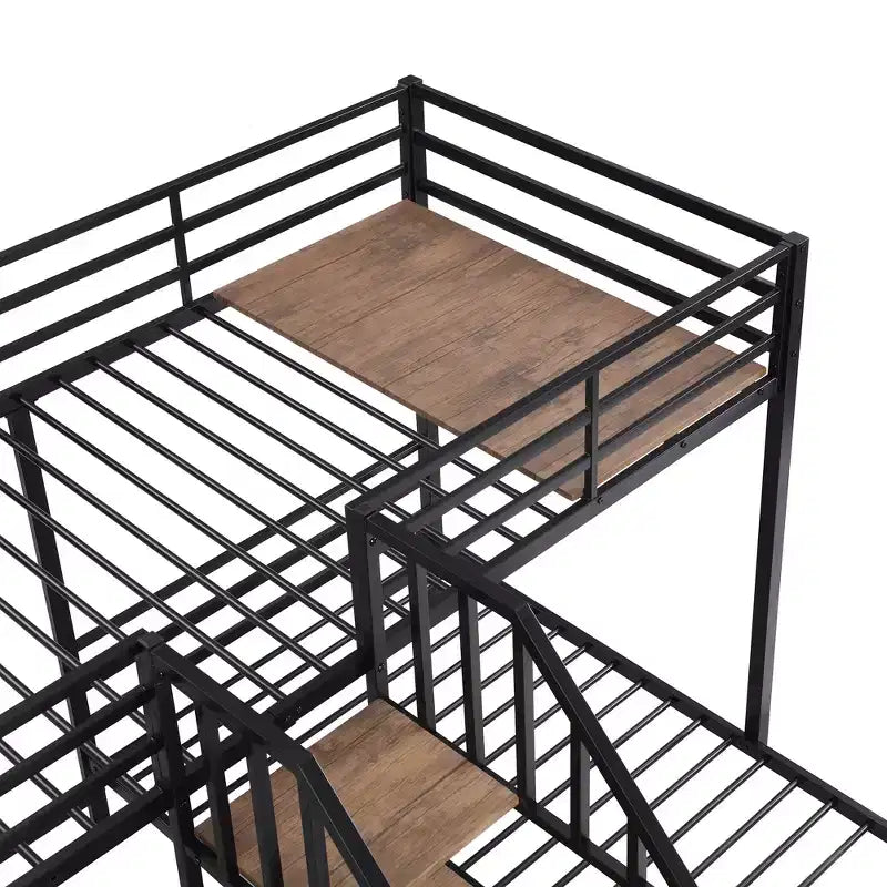 Lits superposés triples en forme de L pour 3 enfants, lits superposés en métal avec escalier de rangement et étagères