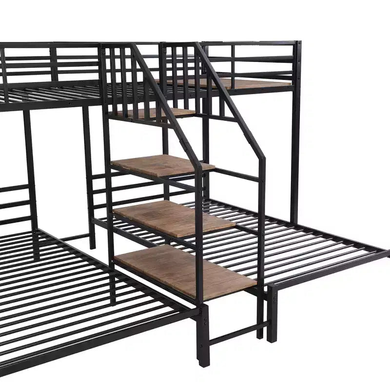 Lits superposés triples en forme de L pour 3 enfants, lits superposés en métal avec escalier de rangement et étagères