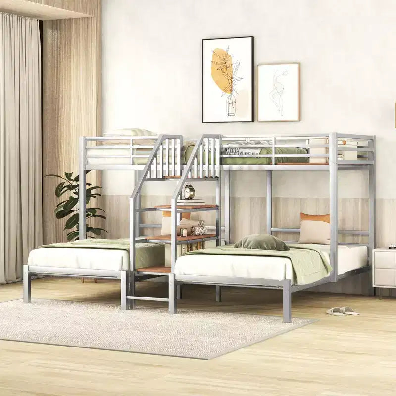 Lits superposés triples en forme de L pour 3 enfants, lits superposés en métal avec escalier de rangement et étagères