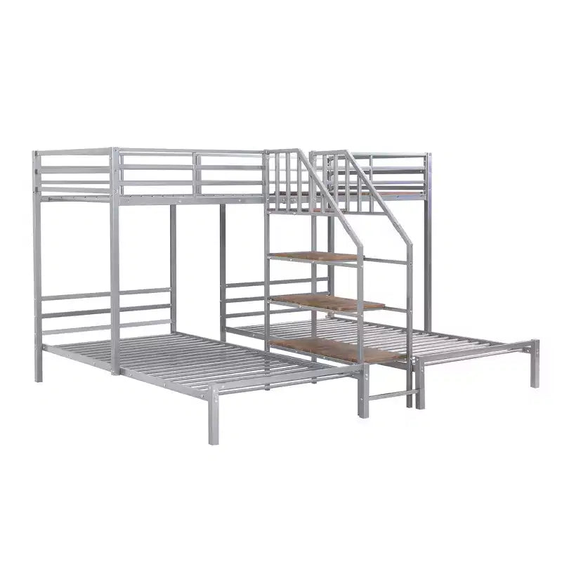 Lits superposés triples en forme de L pour 3 enfants, lits superposés en métal avec escalier de rangement et étagères
