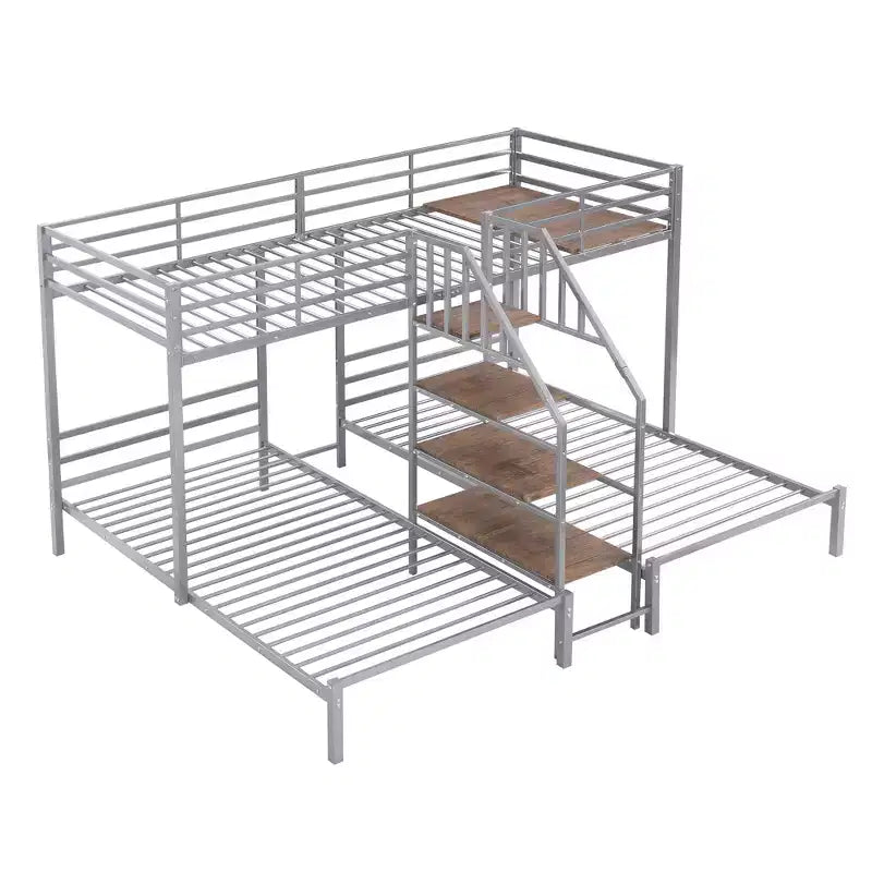 Lits superposés triples en forme de L pour 3 enfants, lits superposés en métal avec escalier de rangement et étagères