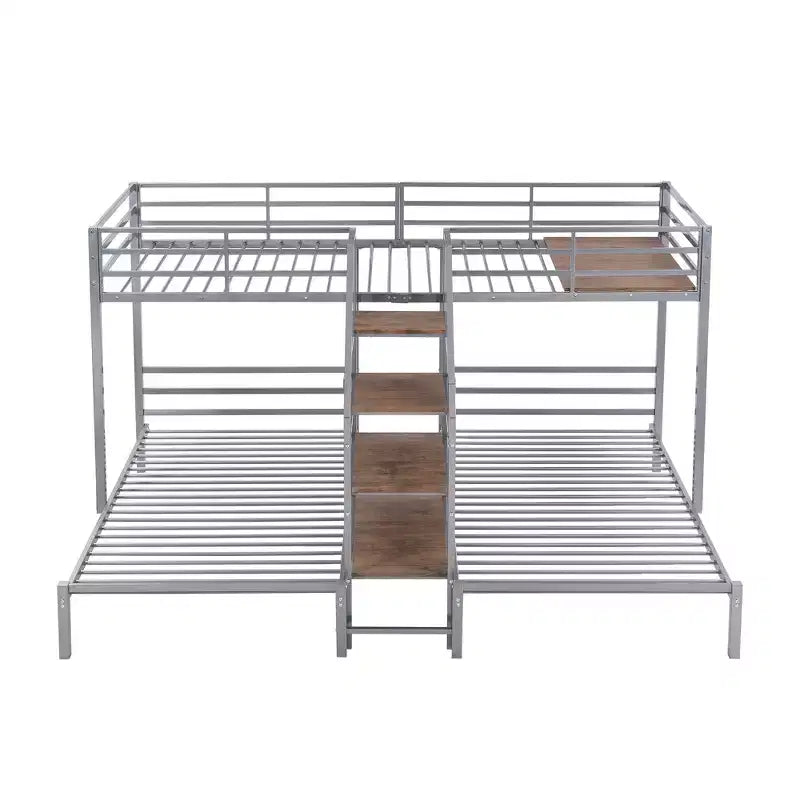 Lits superposés triples en forme de L pour 3 enfants, lits superposés en métal avec escalier de rangement et étagères