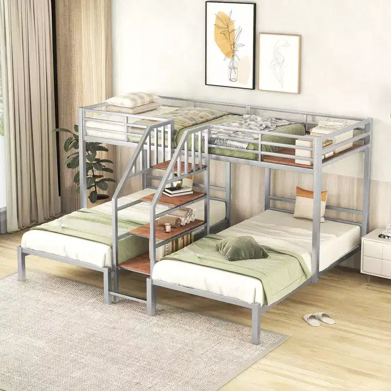 Lits superposés triples en forme de L pour 3 enfants, lits superposés en métal avec escalier de rangement et étagères