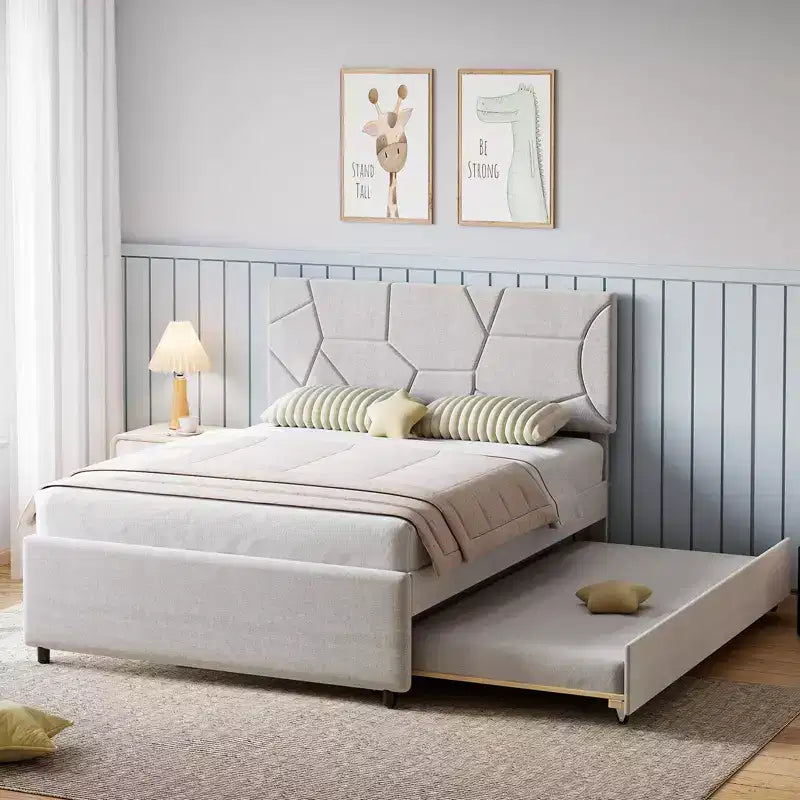 Trundle Bed Twin, Queen Size Upholstered Platform Bed Frame, Pull Out Bed with Headboard, Wood Slat Support, for Bedroom, Living Room, Guest Room