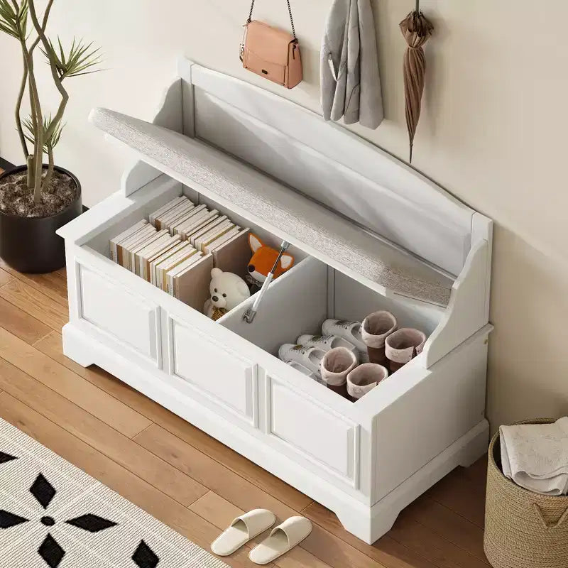 Banc de rangement pour chaussures GDFStudio Ruth de style moderne du milieu du siècle avec rangement dissimulé et coussin en lin