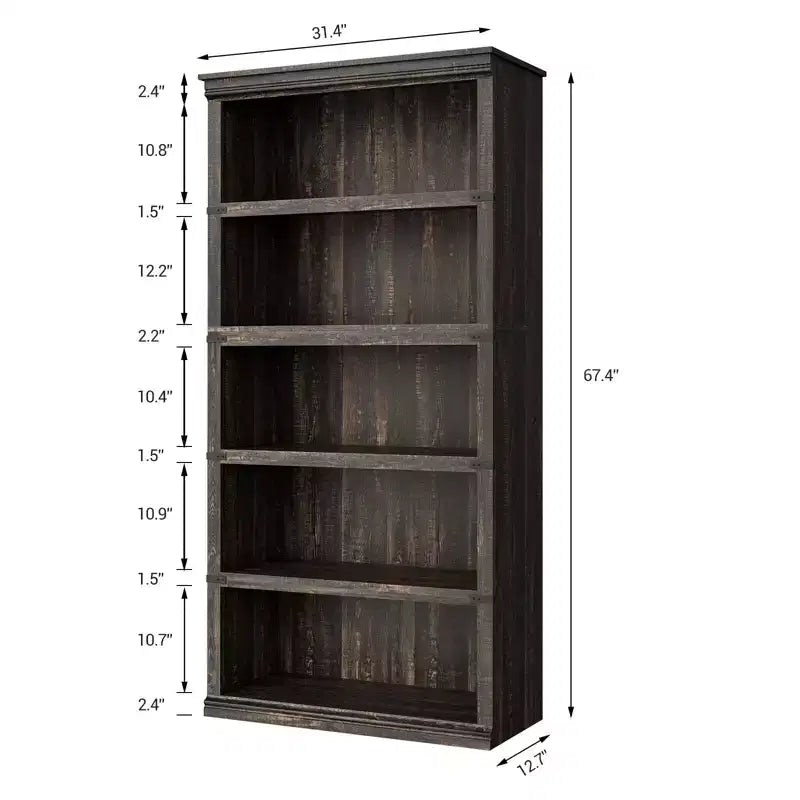 Bibliothèque de ferme à 5 étagères, avec rangement, étagères ouvertes, étagères de rangement, bibliothèques en bois de 81 cm de large pour bureau, bibliothèque