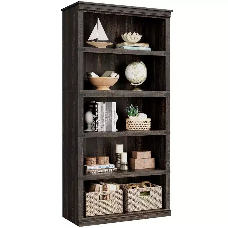 Bibliothèque de ferme à 5 étagères, avec rangement, étagères ouvertes, étagères de rangement, bibliothèques en bois de 81 cm de large pour bureau, bibliothèque