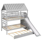 Lits superposés maison jumeaux avec toboggan, lit superposé jumeau avec escaliers de rangement et lit gigogne, lits superposés en bois pour enfants avec toit et fenêtre