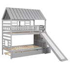 Lits superposés maison jumeaux avec toboggan, lit superposé jumeau avec escaliers de rangement et lit gigogne, lits superposés en bois pour enfants avec toit et fenêtre
