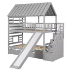 Lits superposés maison jumeaux avec toboggan, lit superposé jumeau avec escaliers de rangement et lit gigogne, lits superposés en bois pour enfants avec toit et fenêtre