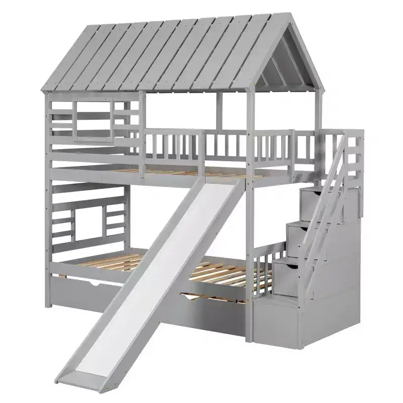 Lits superposés maison jumeaux avec toboggan, lit superposé jumeau avec escaliers de rangement et lit gigogne, lits superposés en bois pour enfants avec toit et fenêtre