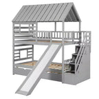 Lits superposés maison jumeaux avec toboggan, lit superposé jumeau avec escaliers de rangement et lit gigogne, lits superposés en bois pour enfants avec toit et fenêtre