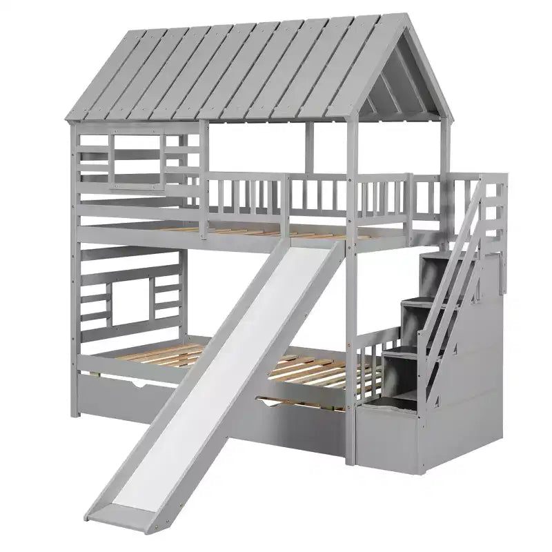 Lits superposés maison jumeaux avec toboggan, lit superposé jumeau avec escaliers de rangement et lit gigogne, lits superposés en bois pour enfants avec toit et fenêtre