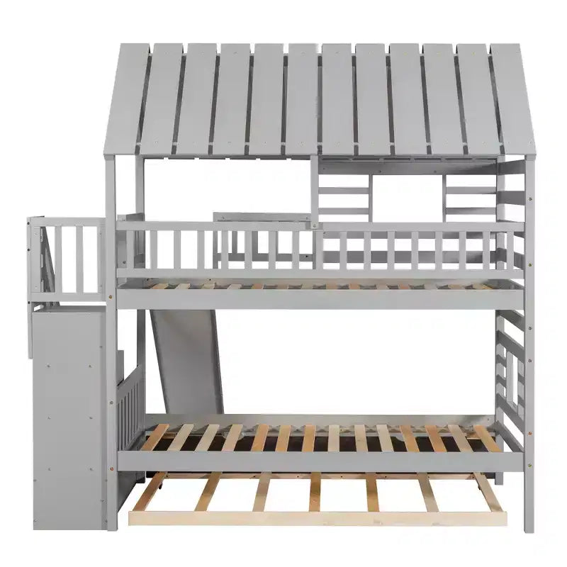 Lits superposés maison jumeaux avec toboggan, lit superposé jumeau avec escaliers de rangement et lit gigogne, lits superposés en bois pour enfants avec toit et fenêtre