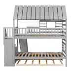 Lits superposés maison jumeaux avec toboggan, lit superposé jumeau avec escaliers de rangement et lit gigogne, lits superposés en bois pour enfants avec toit et fenêtre