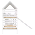 Lits superposés maison jumeaux avec toboggan, lit superposé jumeau avec escaliers de rangement et lit gigogne, lits superposés en bois pour enfants avec toit et fenêtre