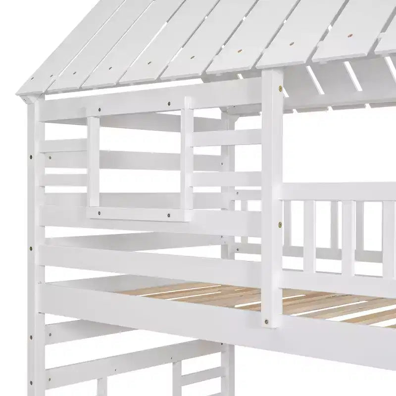 Lits superposés maison jumeaux avec toboggan, lit superposé jumeau avec escaliers de rangement et lit gigogne, lits superposés en bois pour enfants avec toit et fenêtre