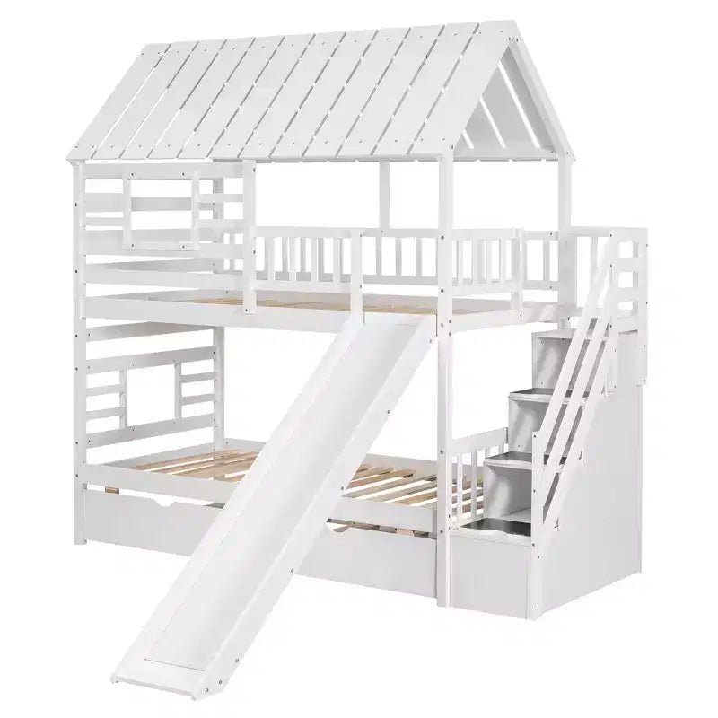 Lits superposés maison jumeaux avec toboggan, lit superposé jumeau avec escaliers de rangement et lit gigogne, lits superposés en bois pour enfants avec toit et fenêtre