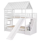 Lits superposés maison jumeaux avec toboggan, lit superposé jumeau avec escaliers de rangement et lit gigogne, lits superposés en bois pour enfants avec toit et fenêtre