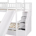 Lits superposés maison jumeaux avec toboggan, lit superposé jumeau avec escaliers de rangement et lit gigogne, lits superposés en bois pour enfants avec toit et fenêtre