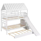 Lits superposés maison jumeaux avec toboggan, lit superposé jumeau avec escaliers de rangement et lit gigogne, lits superposés en bois pour enfants avec toit et fenêtre
