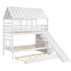 Lits superposés maison jumeaux avec toboggan, lit superposé jumeau avec escaliers de rangement et lit gigogne, lits superposés en bois pour enfants avec toit et fenêtre