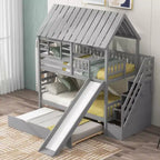Lits superposés maison jumeaux avec toboggan, lit superposé jumeau avec escaliers de rangement et lit gigogne, lits superposés en bois pour enfants avec toit et fenêtre