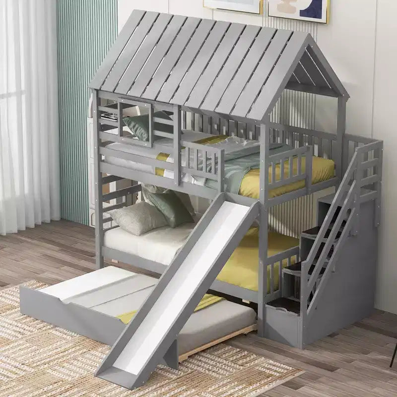 Lits superposés maison jumeaux avec toboggan, lit superposé jumeau avec escaliers de rangement et lit gigogne, lits superposés en bois pour enfants avec toit et fenêtre