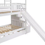 Lits superposés maison jumeaux avec toboggan, lit superposé jumeau avec escaliers de rangement et lit gigogne, lits superposés en bois pour enfants avec toit et fenêtre