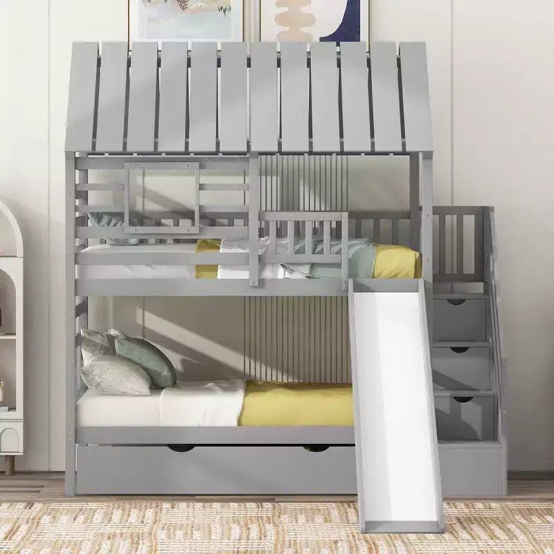Lits superposés maison jumeaux avec toboggan, lit superposé jumeau avec escaliers de rangement et lit gigogne, lits superposés en bois pour enfants avec toit et fenêtre