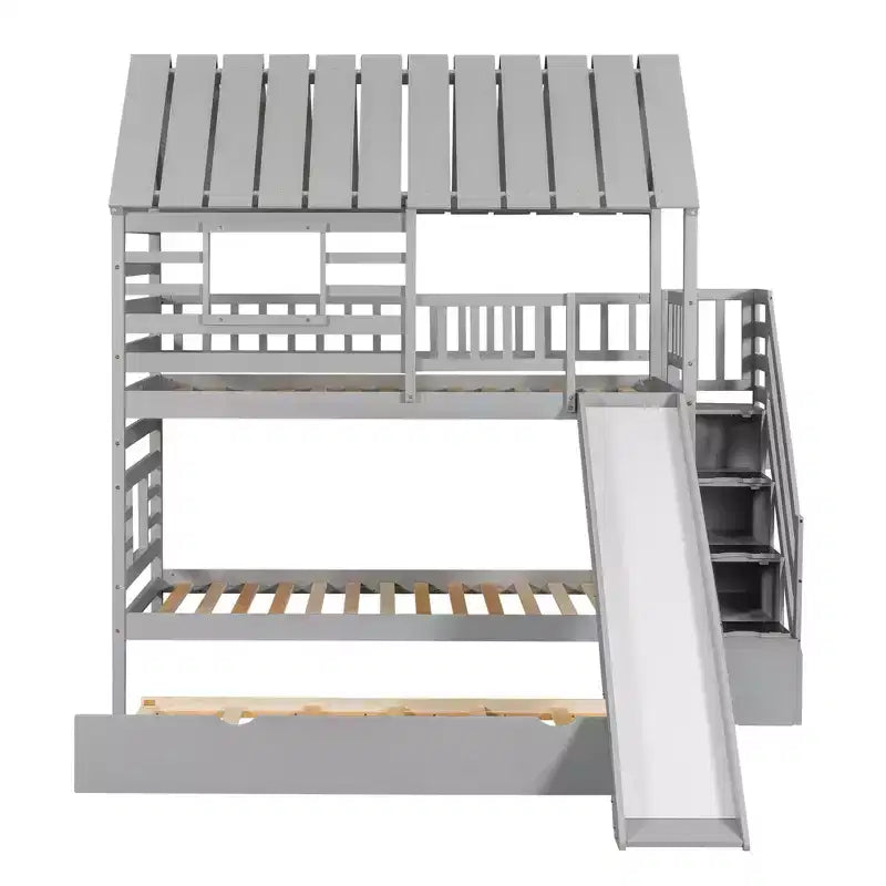 Lits superposés maison jumeaux avec toboggan, lit superposé jumeau avec escaliers de rangement et lit gigogne, lits superposés en bois pour enfants avec toit et fenêtre
