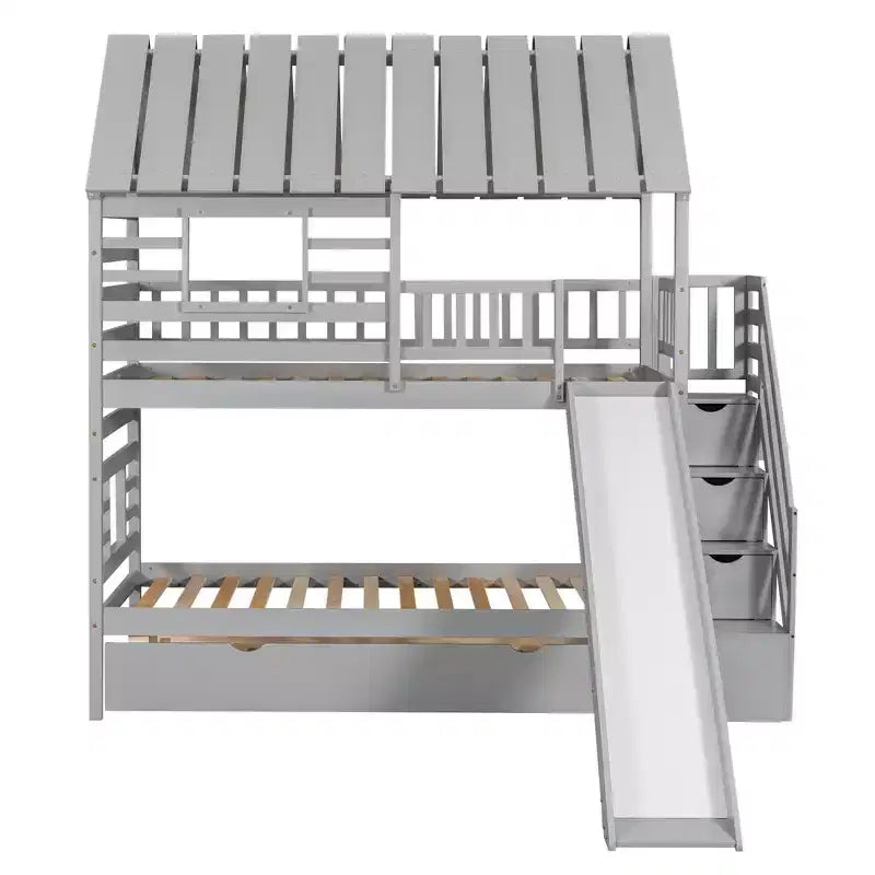 Lits superposés maison jumeaux avec toboggan, lit superposé jumeau avec escaliers de rangement et lit gigogne, lits superposés en bois pour enfants avec toit et fenêtre