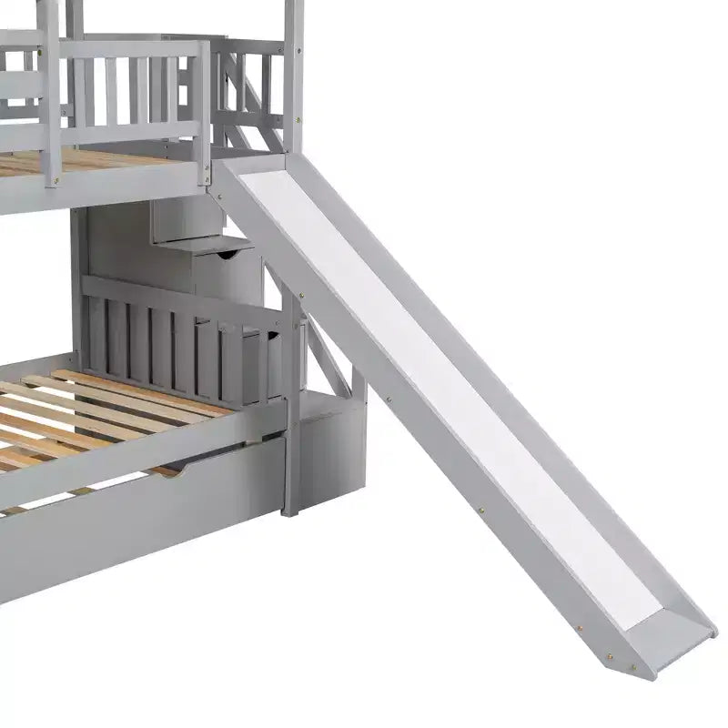 Lits superposés maison jumeaux avec toboggan, lit superposé jumeau avec escaliers de rangement et lit gigogne, lits superposés en bois pour enfants avec toit et fenêtre