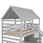Lits superposés maison jumeaux avec toboggan, lit superposé jumeau avec escaliers de rangement et lit gigogne, lits superposés en bois pour enfants avec toit et fenêtre