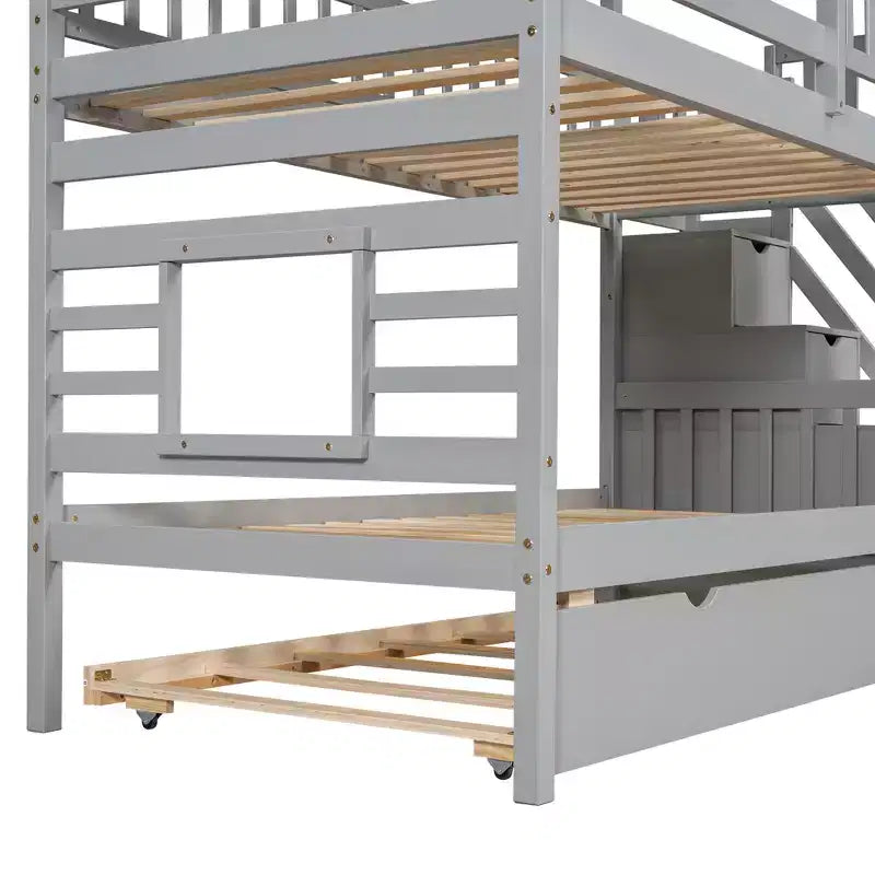 Lits superposés maison jumeaux avec toboggan, lit superposé jumeau avec escaliers de rangement et lit gigogne, lits superposés en bois pour enfants avec toit et fenêtre