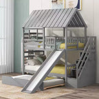 Twin over Twin House Bunk Beds with Slide, Twin Bunk Bed with Storage Stairs and Trundle, Wood Kids Bunk Bed with Roof and Window