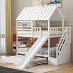 Lits superposés maison jumeaux avec toboggan, lit superposé jumeau avec escaliers de rangement et lit gigogne, lits superposés en bois pour enfants avec toit et fenêtre