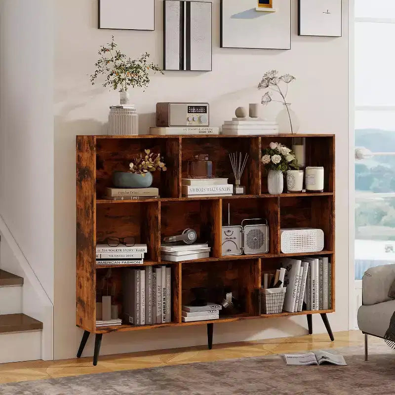 COZONY Étagère 10 cubes à 3 niveaux avec 5 pieds en fer, étagère de rangement ouverte autoportante en bois pour la maison, le bureau, le salon, la chambre